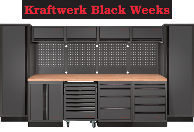 Kraftwerk Black Weeks: MOBILIO DEEP 6er Kombi mit Lochwand und Buche-Arbeitsplatte schwarz