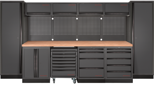 Preview: Kraftwerk Black Weeks: MOBILIO DEEP 6er Kombi mit Lochwand und Buche-Arbeitsplatte schwarz