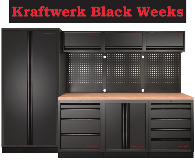 Kraftwerk Black Weeks: MOBILIO DEEP 4er Kombi mit Lochwand und Buche-Arbeitsplatte schwarz