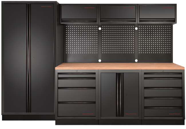 Preview: Kraftwerk Black Weeks: MOBILIO DEEP 4er Kombi mit Lochwand und Buche-Arbeitsplatte schwarz