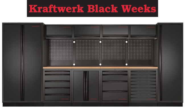 Kraftwerk Black Weeks: MOBILIO BLK 6er Kombi mit Lochwand und Buche-Arbeitsplatte schwarz