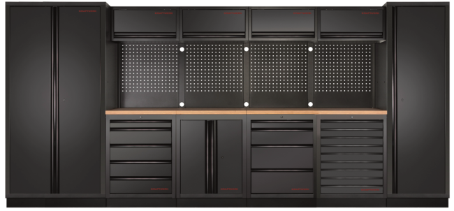 Preview: Kraftwerk Black Weeks: MOBILIO BLK 6er Kombi mit Lochwand und Buche-Arbeitsplatte schwarz