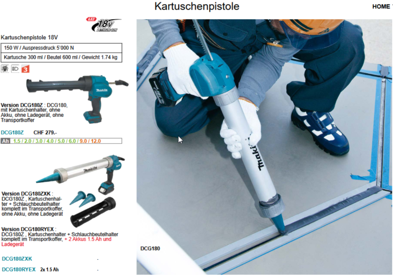 Übersicht Makita Kartuschenpistolen Poliermaschinen Heissluftgebläse