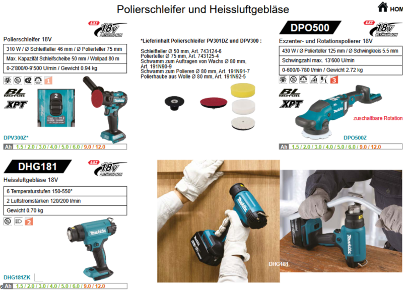 Übersicht Makita Kartuschenpistolen Poliermaschinen Heissluftgebläse