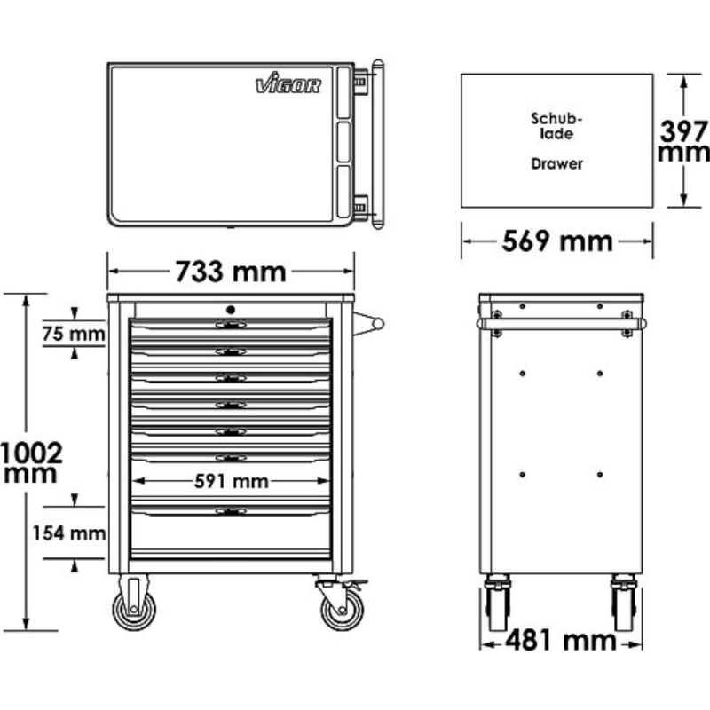 Werkstattwagen bestückt 376-tlg. Vigor Equipment V1901-X/376